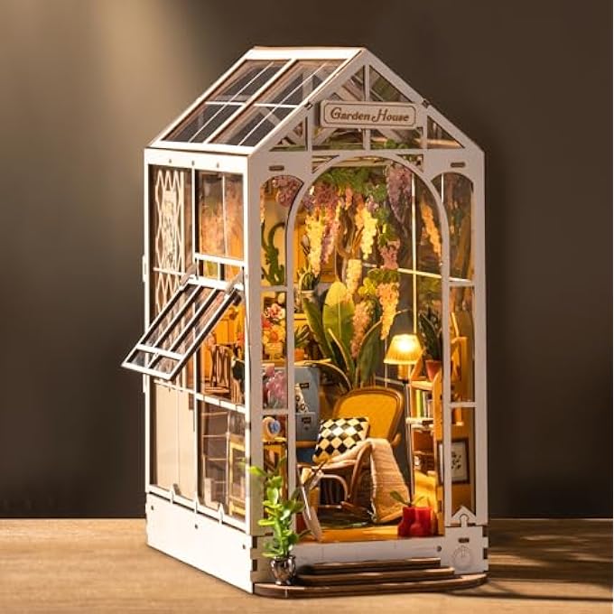 DIY BOOK NOOK KIT GARDEN SHED WITH FURNITURE AND LED LAMP, 3D PUZZLE BOOKNOOK MINIATURE HOUSE MODEL KIT, DIORAMA MODEL BUILDING FOR ADULTS, BOOKSHELF DECORATION - Image 1